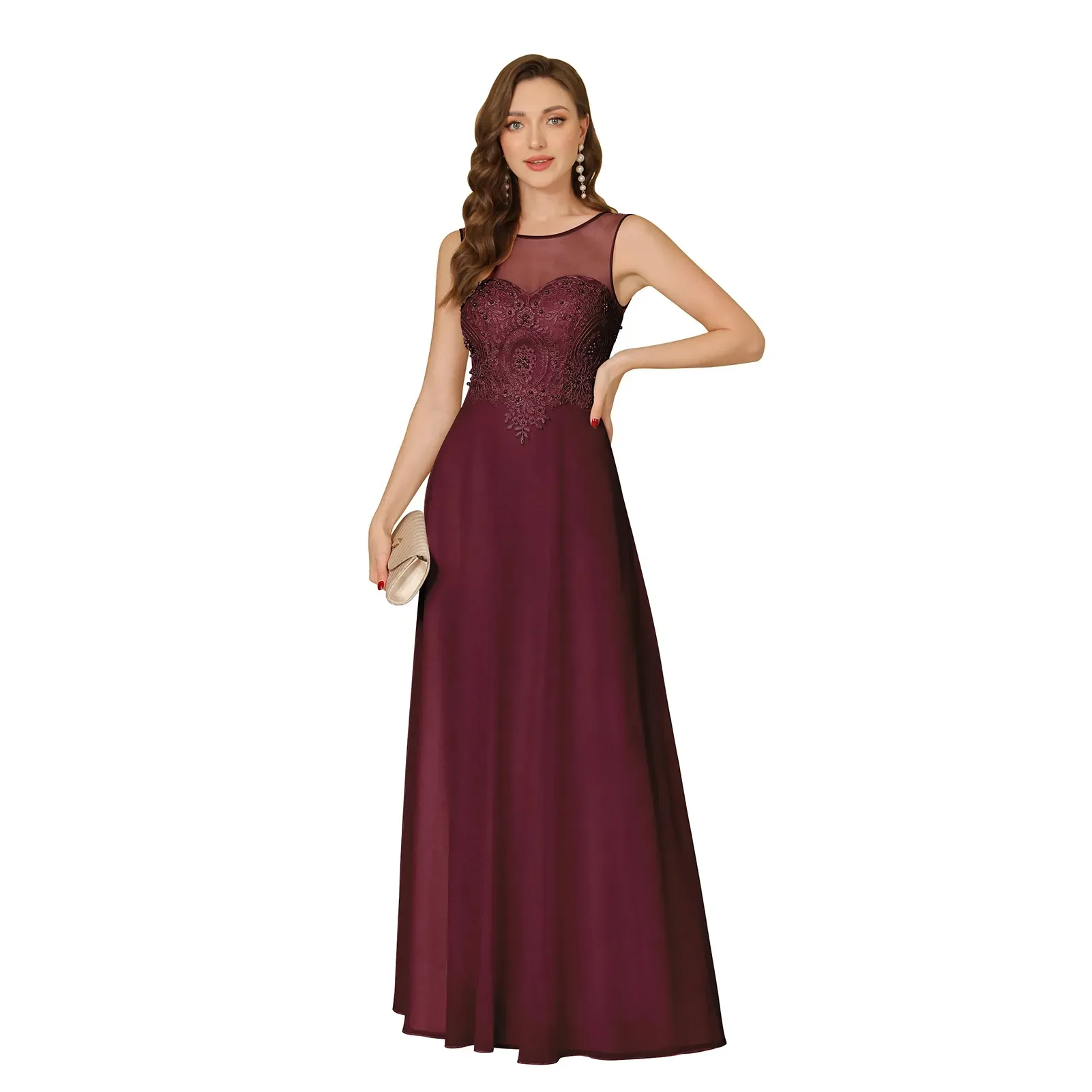 Dark Navy Burgundy Bridesmaid Dresses Sheer Neck Appliques Chiffon Long Maid of Honor Gowns A Line Guest Evening Prom Dress