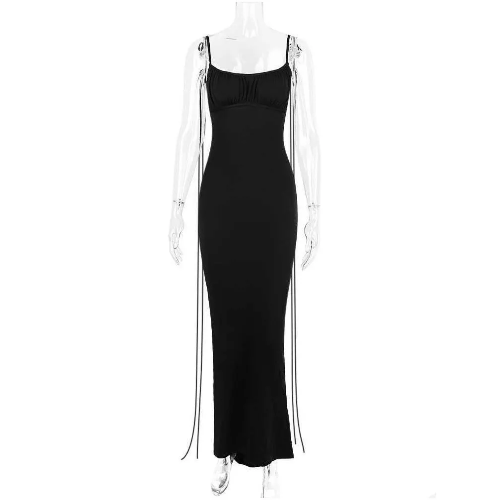 Basic Casual Dresses Night Club Party Lang voor vrouwen 2023 Zomer Modejurk kont Ruched bodycon Backless Lace Up Maxi Dress Drop del Dhyfy