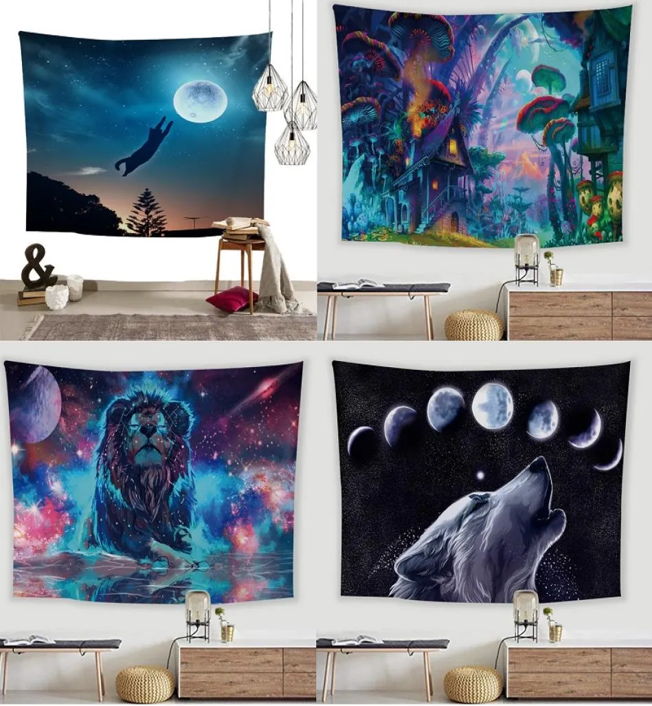 Tapisches animales magiques Wolf Lion Cat Forest Forest Tapestry Mur de tapisserie suspendue Tissu décoratif pour dortoir Rome Gard6241329