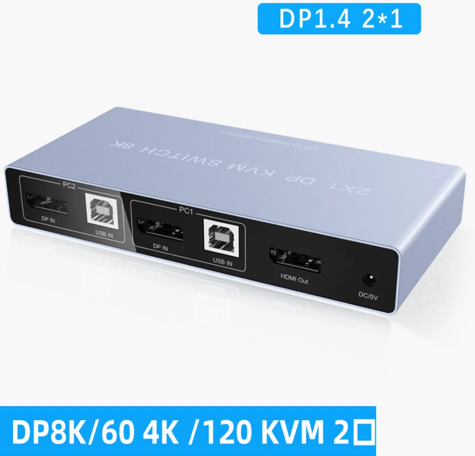 DisplayPort KVM Switch 2x1 4K 60Hz 8K DP USB KVM Switch 2 in 1 Aus 1 Out für 2 PC Share Maus -Tastaturmonitor mit Desktop -Controller