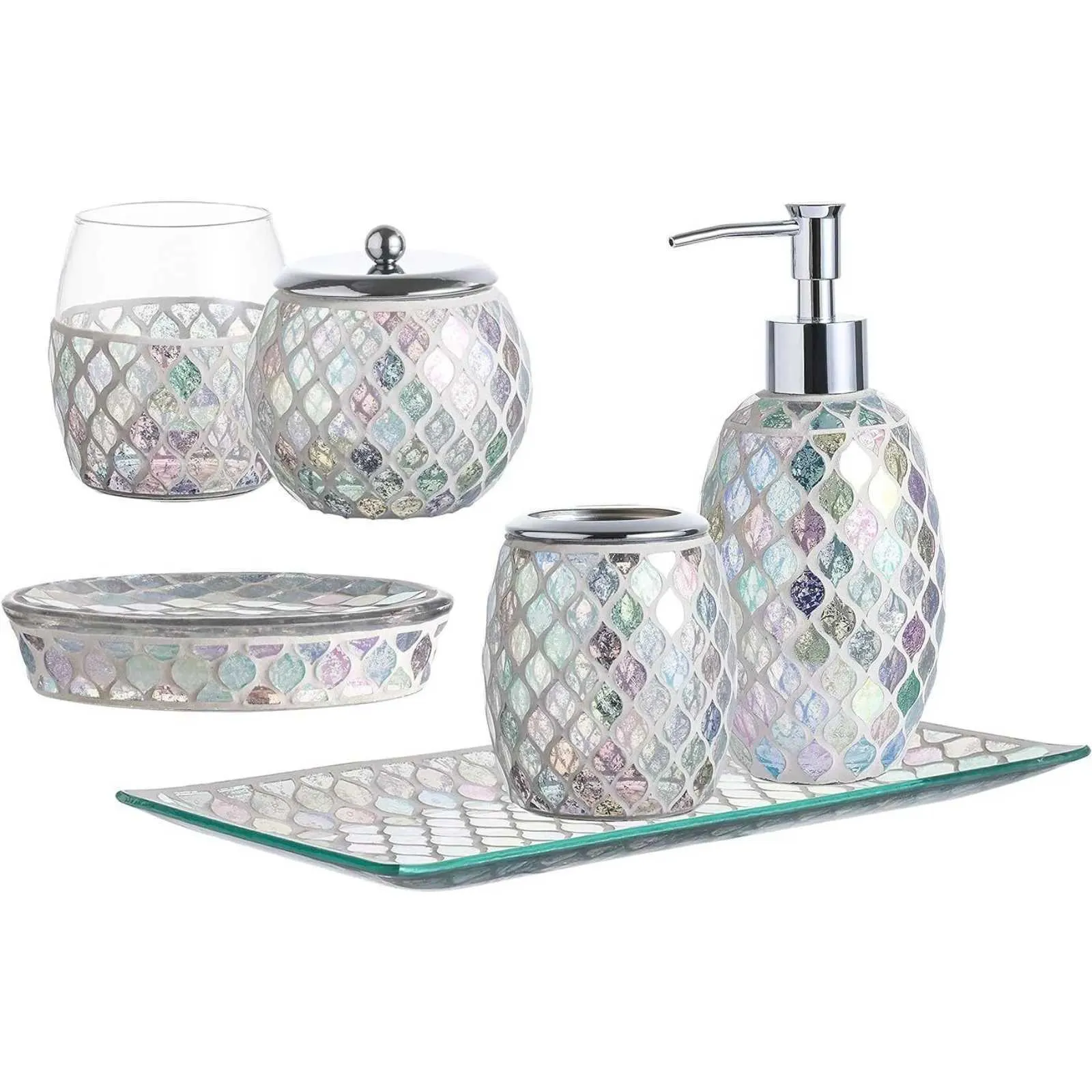 Supports de brosse à dents accessoires de salle de bain en verre mosaïque en 5 pièces Set Style européen Verre transparent Brosse à dents accessoires de toilette Coton Taques de coton 240426