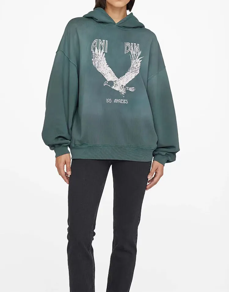 Women's Hoodies Vintage Washed Green Eagle Print Sweatshirts Women Autumn Cotton Warm Casual Loose Pullover Tops Streetwear Chic Hoodies Female