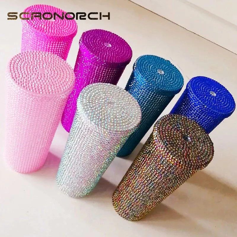 Scaonorch Rhinestone Coffee Mok Cups Dubbele wand plastic waterfles tuimelaar met deksel en stro bling diamand grote capaciteit 240422