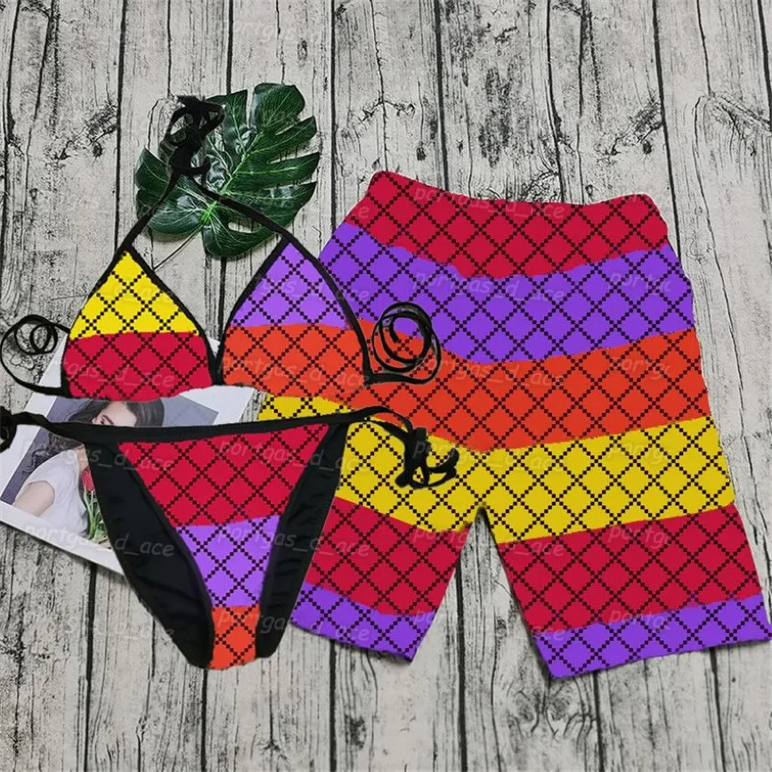 Biquínis estampados coloridos shorts femininos masculinos de verão