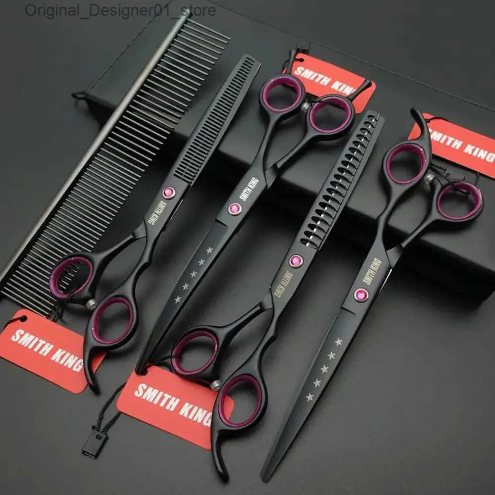 Hair Scissors 7-inch professional pet grooming scissors 7-inch straight thin slitting and curling scissors+leather bag/kit/box Q240426