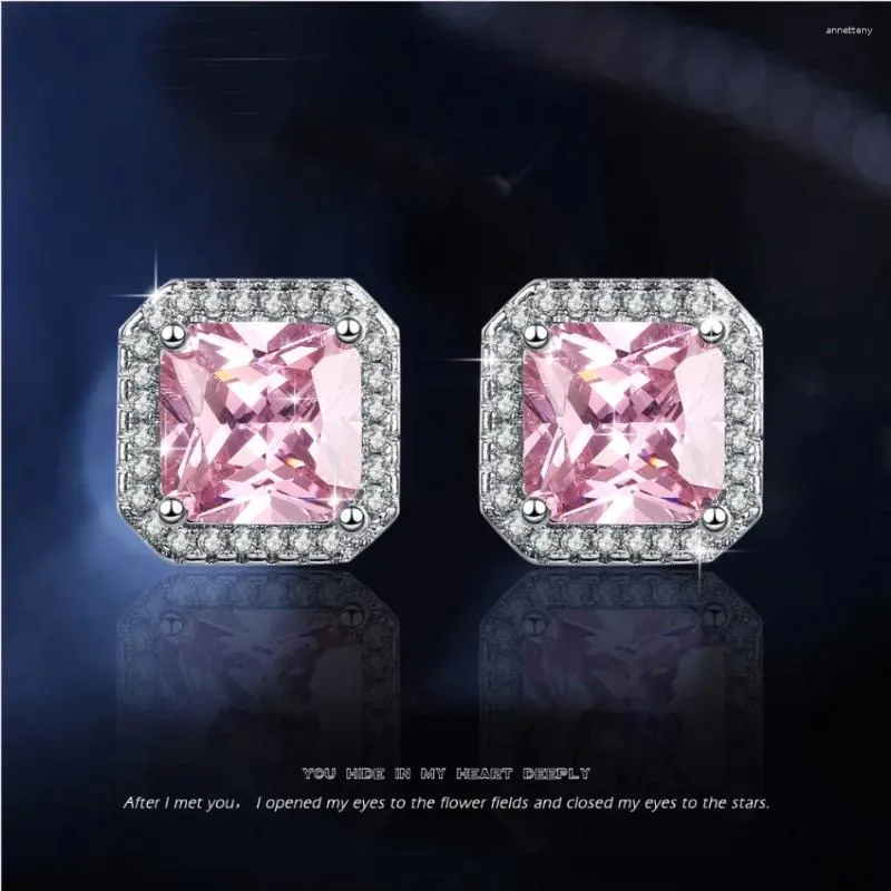 Boucles d'oreilles à étalon en argent Color Fashion carré incrusté rose cubique zircone luxe pour femmes filles bijoux de mariage féminin en gros dropship