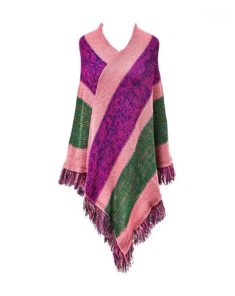 Scarves Women Ethnic Knitted Pashmina Poncho Cape Color Block Striped Tassels Pullover Sweater VNeck Winter Warm Shawl Wrap Top2579302
