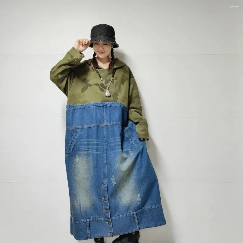 Casual Dresses SuperAen Vintage Denim Dress 2024 Spring And Autumn Patchwork Loose Hooded Jacket