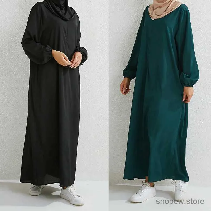 Basic Casual Dresses Women Long Dresses Muslim Loose Robe Casual Full Sleeve Print Solid Maxi Sundress Spring Ladies Long Vestidos Turkish Clothing