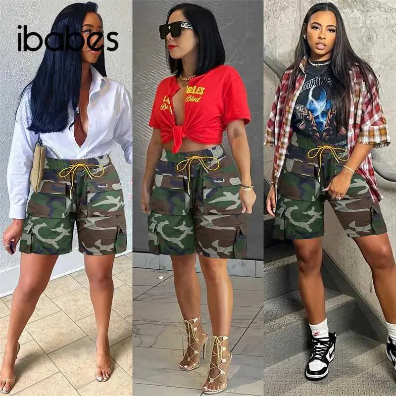 Women's Shorts Camouflage Cargo Shorts Women Summer Multi Pockets Elastic High Waist Lace Up Loose Casual Strt Mid Pants Camo Baggy Trousers Y240425