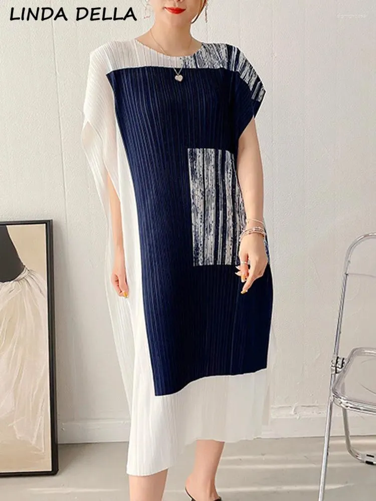 Party Dresses LINDA DELLA Summer Fashion Designer Vintage Print Pleated Dress Women's O-Neck Short Sleeve Casual Loose Big Size Midi