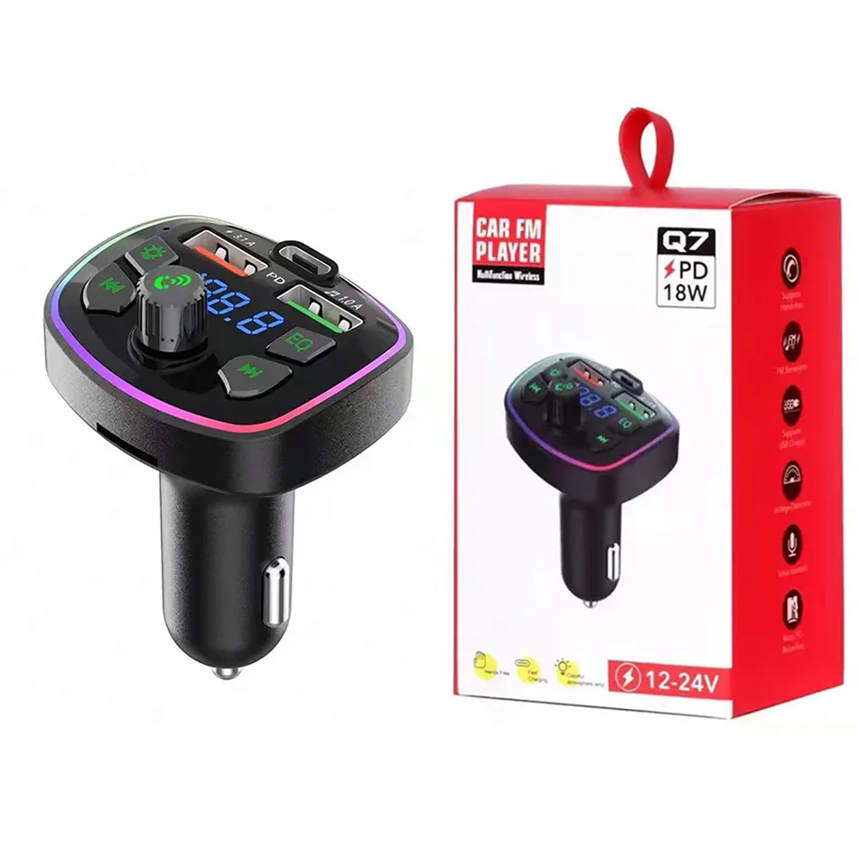 Q7 Bluetooth Car Kit FM Sändare Bluetooth Hands Free Mp3 Player True 3.1A Dual USB PD Type C Charger