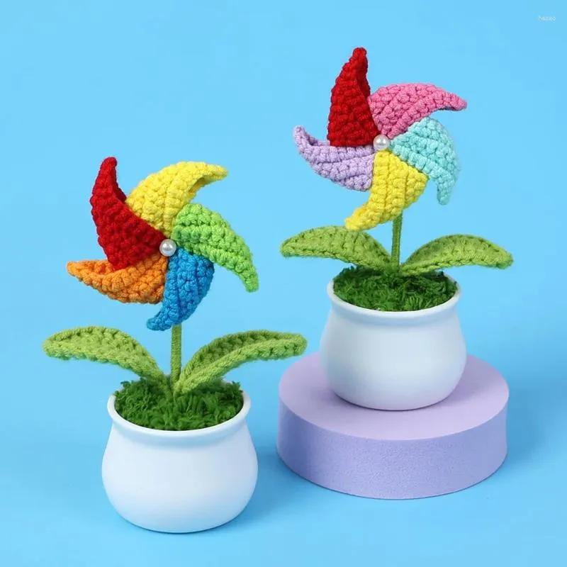 Decorative Flowers Crochet Rotatable Windmill Bonsai Artificial Potted Plants Hand-Knitted Gifts For Girl/Boy Home Office Desktop Decor