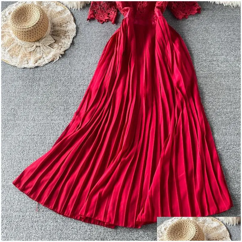 Basic Casual Dresses Autumn Red/Purple/White Hollow Out Lace Pleated Long Dress Vintage Round Neck Short Sleeve High Waist Draped Vest Dht1I