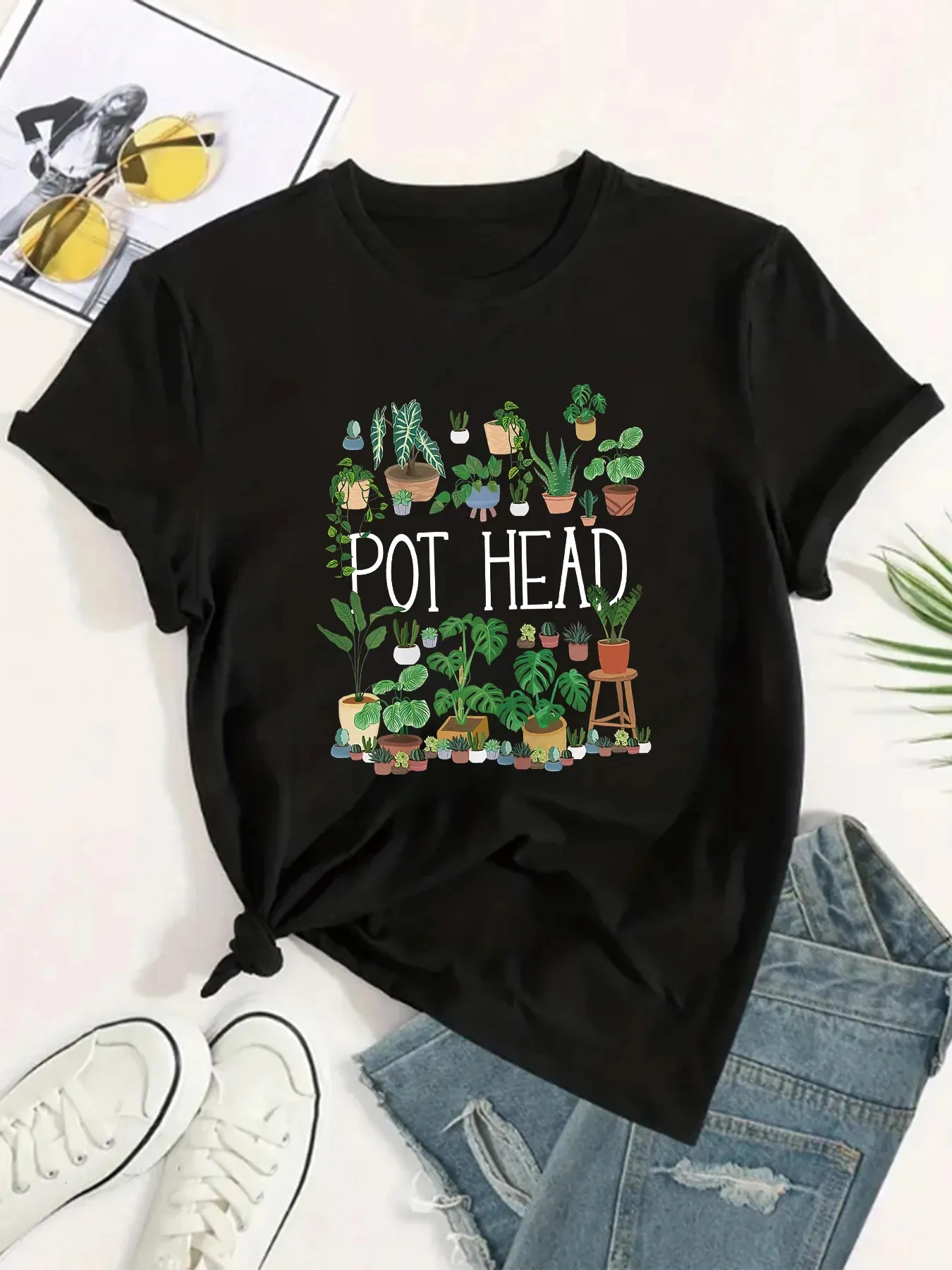 Pot Head Plante Match Imprimé Tshirt Fun mignon Street American Retro Fashion Fashion Casual Casual Summer 2024 KAWAII 240423