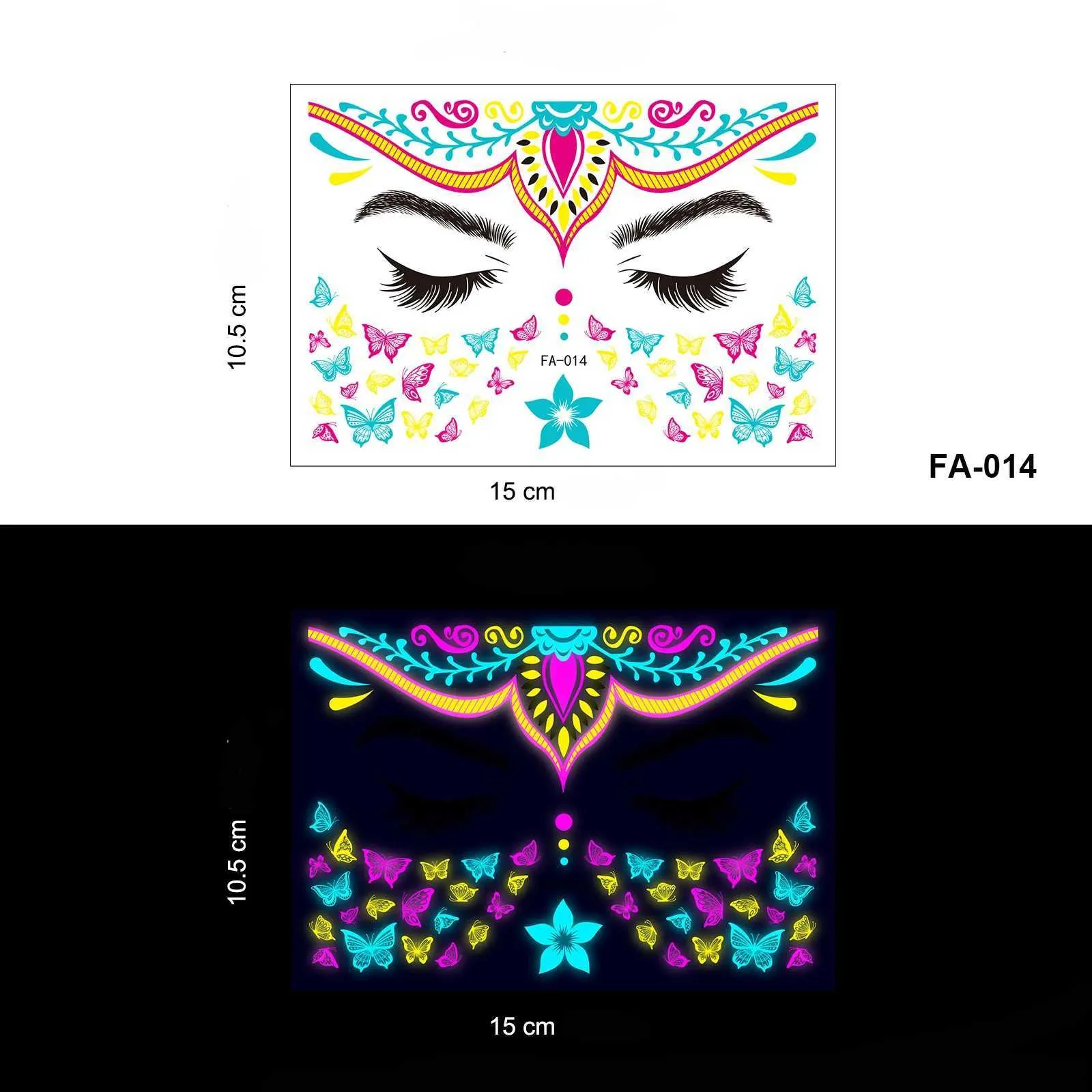 XJU8 Tatouage Transfert fluorescent Halloween Face Tattoo Autocollant papillon rose faux tatouage UV Glow dans le Dark Festival Masquerade Party Body Sticker 240427