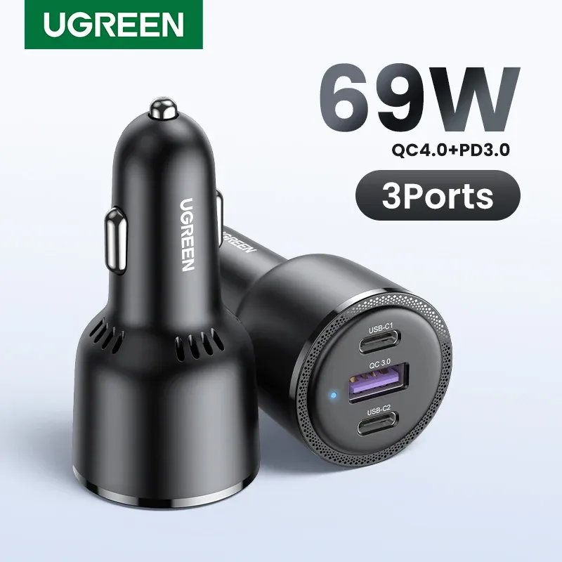 充電器ugreen 69Wカー充電器USBタイプCデュアルポートPD QC 4.0 3.0ラップトップカーの電話充電器用の高速充電iPhone 15 14 13 Samsung