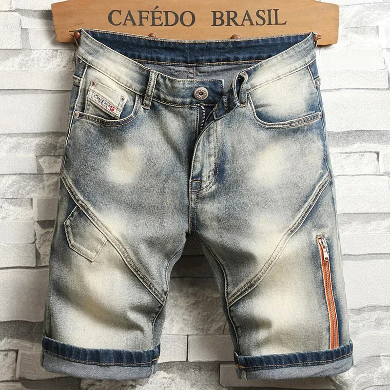 Summer Mens Fashion Stretch Denim Shorts Retro High Street Style Old Slim Fit Short Jeans Splicing Design 98% Cotton Brand 240415