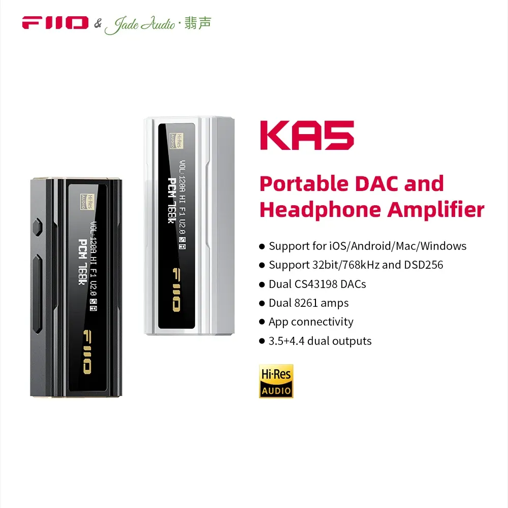 コンバーターfiio jadeaudio ka5 USB DACヘッドフォンアンプデュアルCS43198チップ3.5/4.4mmオーディオケーブルPCM 768kHz DSD256