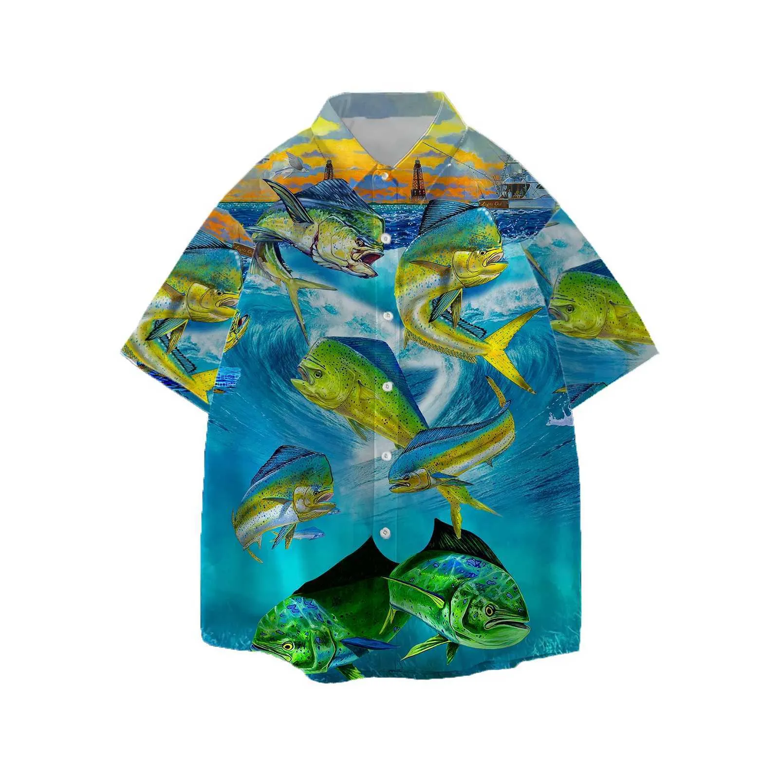 Mäns avslappnade skjortor Jumeast Ocean Fish Men Hawaiian Shirt Seascape Graphic Aloha Shirts Unisex Baggy Beach Blus Shark Youth Clothing Harajuku Topps 240424