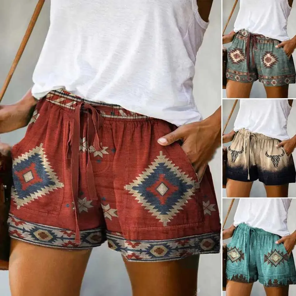 Kvinnors shorts trend kvinnliga shorts elastiska midjeband svett absorption sak retro tryck utdragande lösa shorts y240425