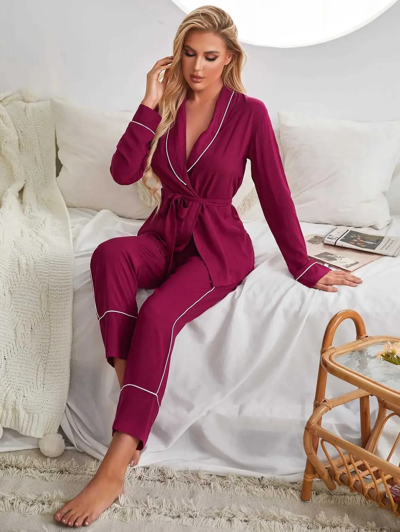 Women's Sleepwear Solid Women Pajama Set Wrap V Neck Long Slves Waist Belt Top Long Pants Slpwear 2 Pieces Female Nightwear Homwear Cloth Y240426