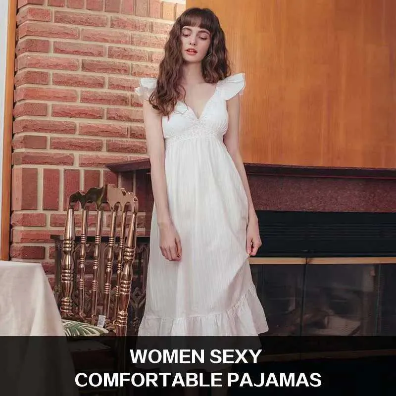 Kadınların Pijama Yaz DP V Boyun Ev Elbise Lolita Elbise Beyaz Dantel Slveless Prenses Slpshirts Vintage Nightgowns Sevimli Pijama Loungwear Y240426