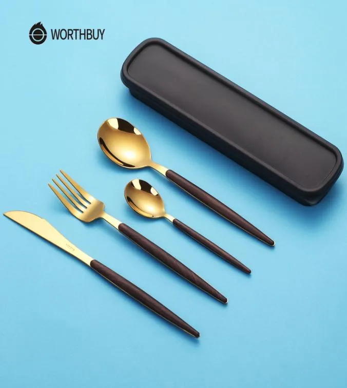 WorthBuy Portable Gold Cutery Set 304 Rostfritt stål Modern med trähandtag för barn Middagsresor Bordsåverkan Set C18112707481838