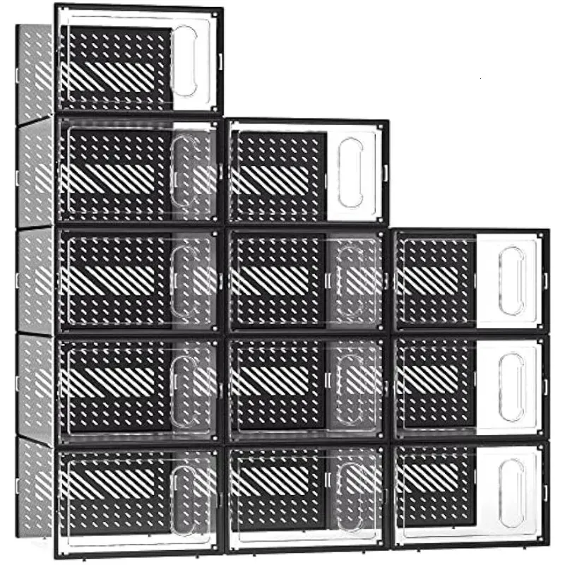 eWonLife Large Shoe Storage Box with Magnetic Door 12 Pack Clear Plastic Stackable Sneaker Organizer for Closet Connect Left 240425