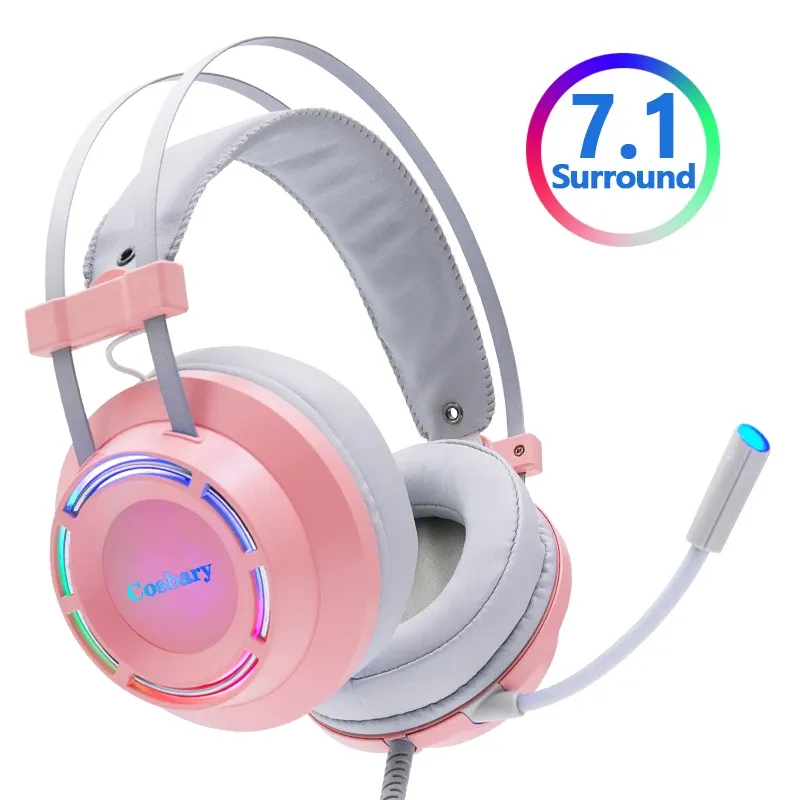 Tassen Cosbary Pink Hoofdtelefoon 7.1 Gaming -headset bedraad met microfoon professionele gamer surround sound RGB -licht voor pc -computer PS4