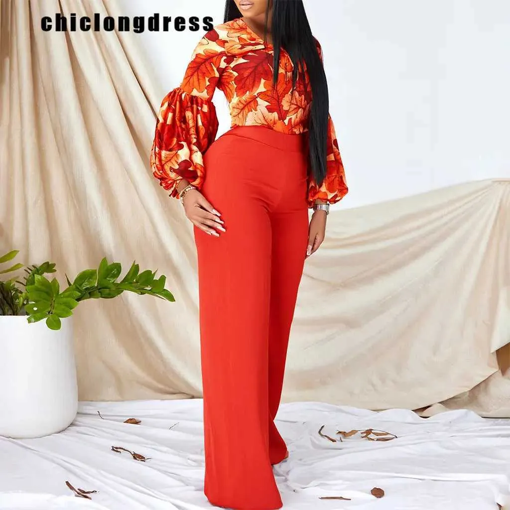 Women's Two Piece Pants Summer Fashion Printing Two Piece Set Women Office Ladies Casual Printing Shirt Wide Leg Pants Two Piece Set African Women Y240426