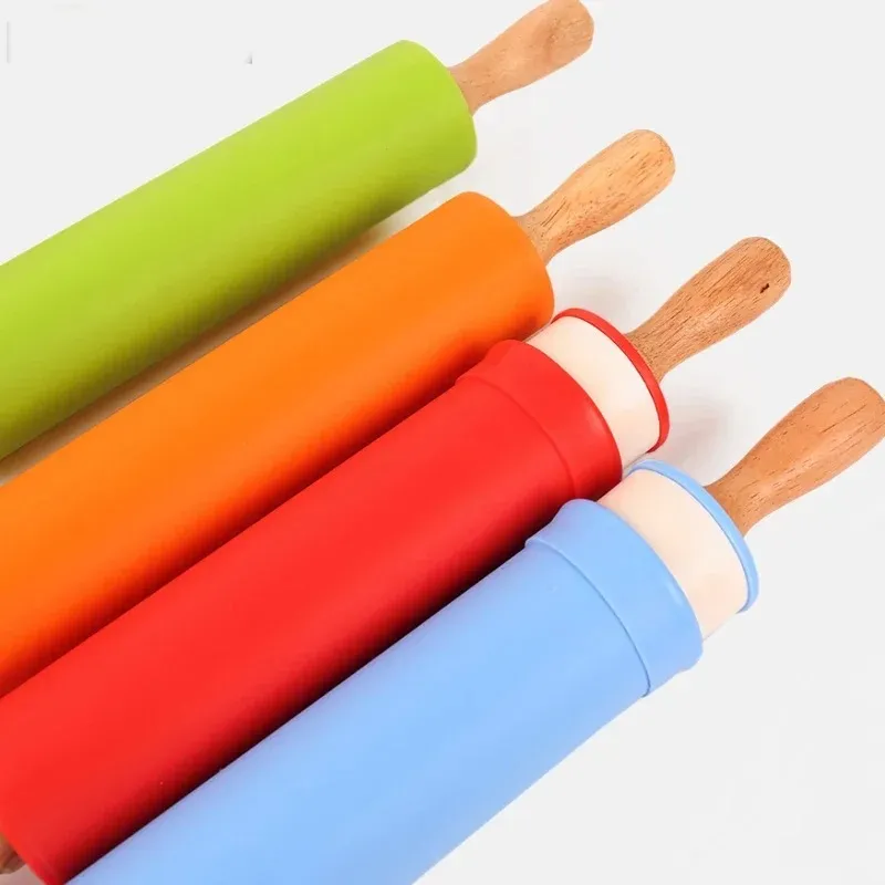 2024 S M Silicone Rolling Pin Non-Stick Pastry Dough Flour Roller Wooden Handle Pizza Pasta Roller Kitchen Pastry Baking Toolfor non-stick pastry roller