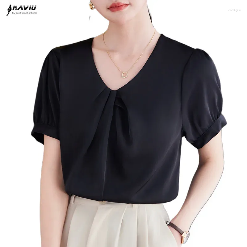 Kvinnors blusar Naviu Black V Neck modetröja för kvinnor Summer Temperament Casual Short Sleeve Office Ladies Work Tops White