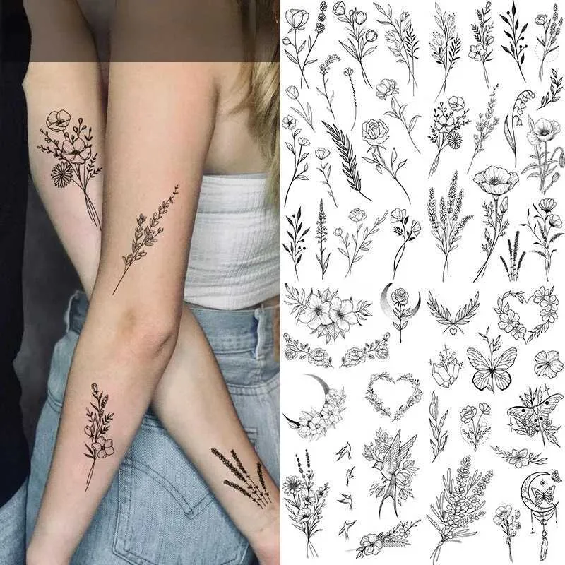 Tatouage Transfert Black Flower Tattoo Sketch Tattoo Autocollant Rose Blossom Tatouage Temporaire imperméable Faux tatouage pour femme Art Tatoo Sticker 240426