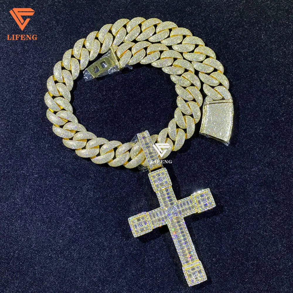 Lifeng Jewelry Custom 18K Gold Hiphop Jewelry Iced Our Vvs Moissanite Silver 25 mm Miami Cuban Link Set Cross Jesus Charm