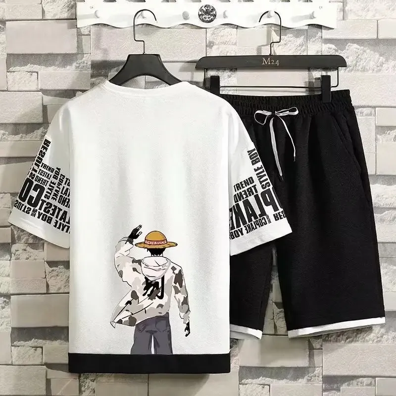 Summer Casual Mens Suit Japan High Street Harajuku Top Shorts Två stycke Set Anime Print Tee Short Pants Wear Sports 240419