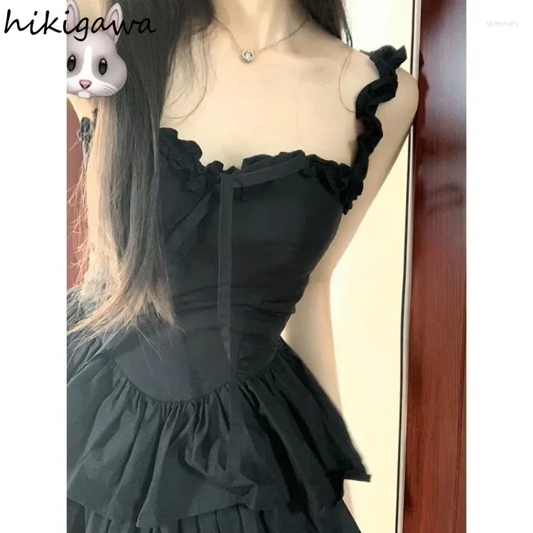 Casual Dresses Black Sweet Sling Robe Femme Summer Dress for Women 2024 Vestidos de Mujer Ruffles High midja A-Line Temperament Mini