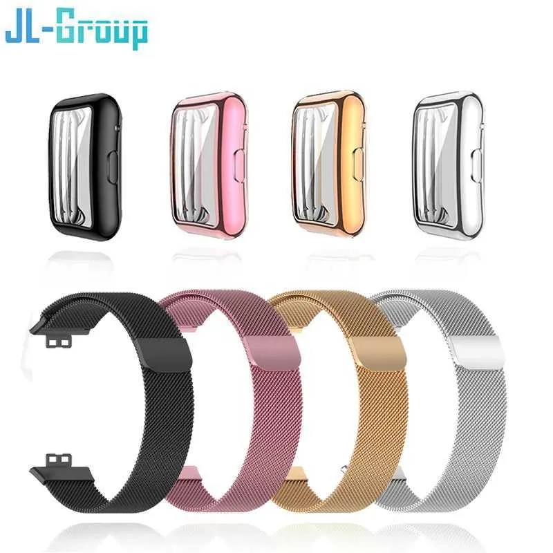 Bekijk banden Huawei kijkt metalen riem fit/fit 2 riem met case tpu schermbeschermer horloge fit armband Milan Magnetic Ring Watch 240424