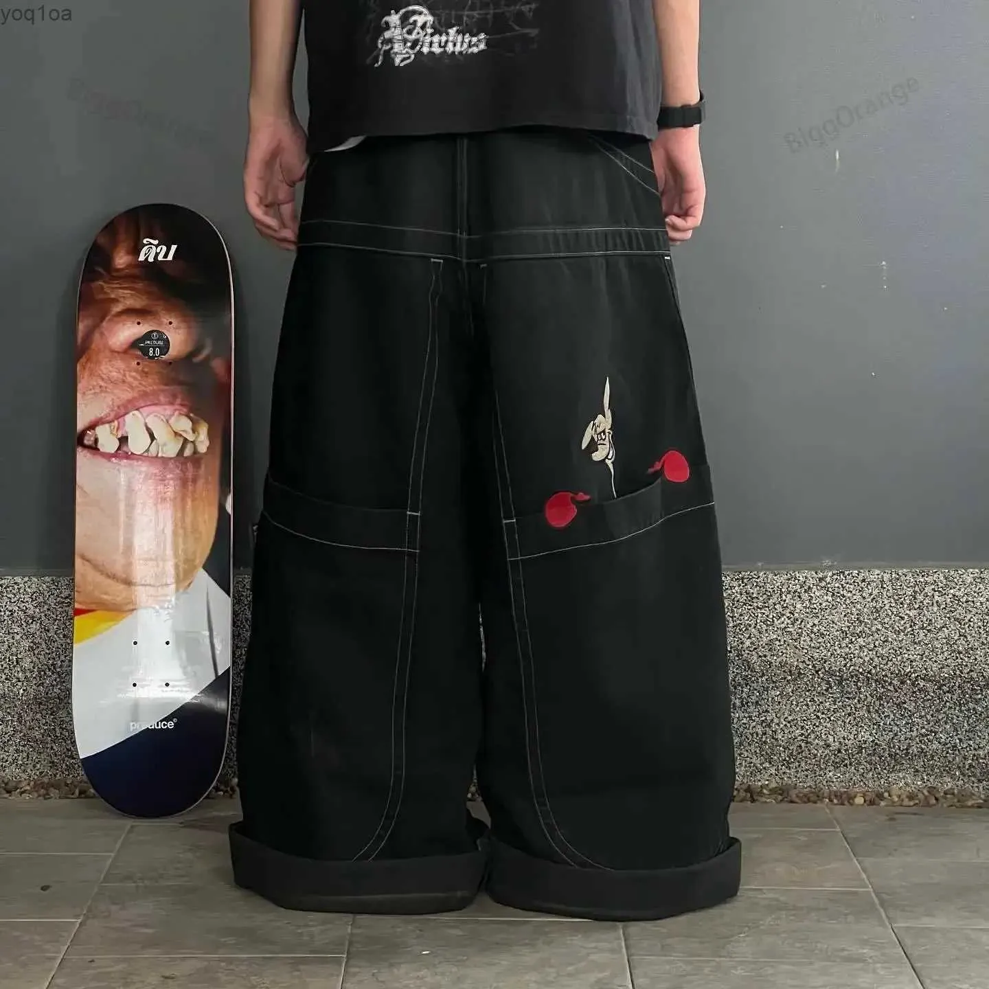 Мужские джинсы US JNCO Big Pocket Boxing Kangaroo Printed Wash Jeans Jeans Y2K Hip Hop Street Слушанная джинсовая джинсовая и женская Pantsl2404