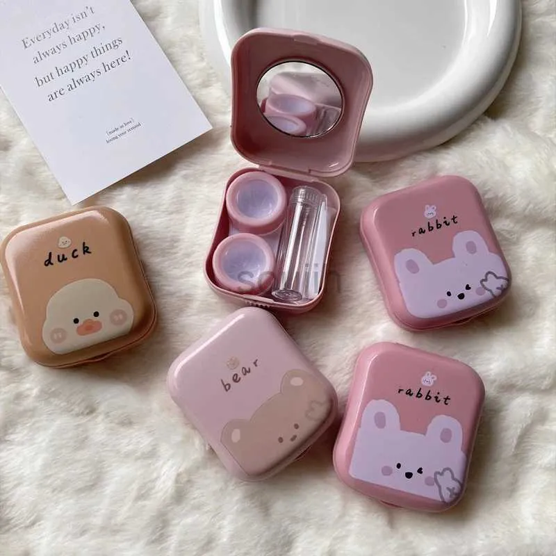 Kontaktlinienzubehör Fashion Cute Pink Little Bear Rabbit Ente tragbare Kontaktlinsenkoffer für Frauen Reisehalter mit Spiegelkontaktlinsen Box D240426