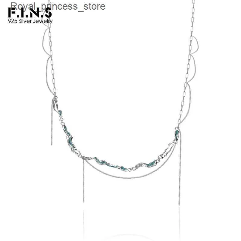 Anhänger Halsketten F. I.N.S Ice Lake Serie S925 Sterling Silber Unregelmäßige Minze Blau Emaille Kette Tassel Kravik Kette Textur mehrschichtige Halskette Q240426