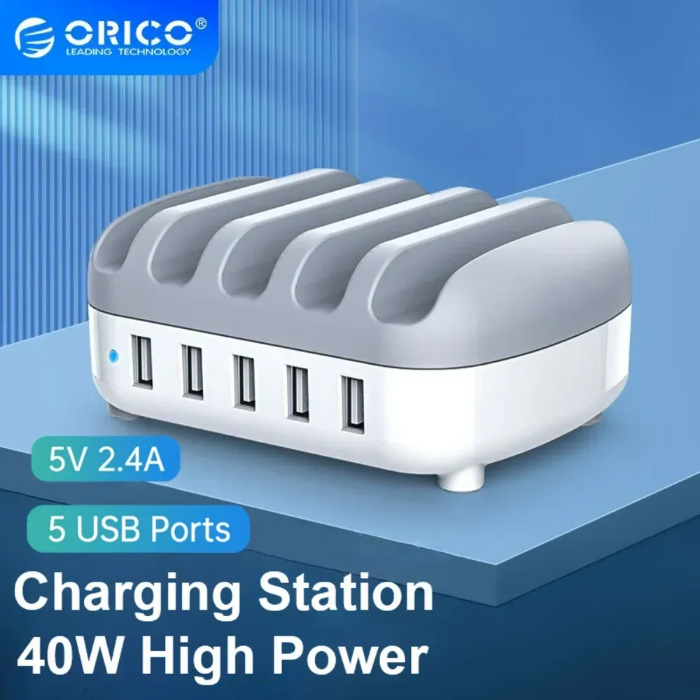 Chargers Orico 5 Ports USB -laadstation Dock met houder 40W 5V2.4A USB Multiport Fast Charger gratis gegevenskabel voor iPhone PC -tablet