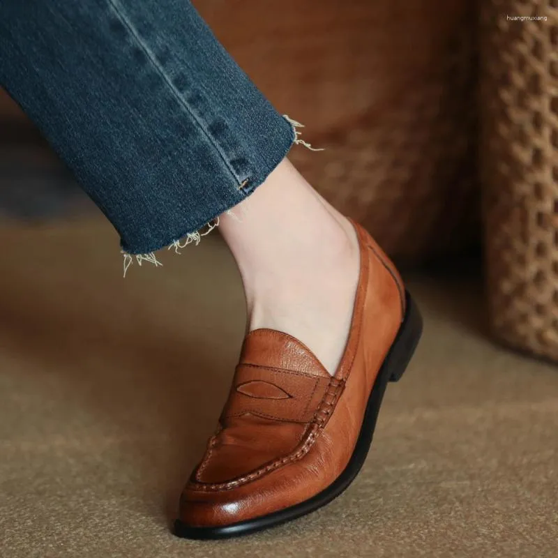 Casual Shoes Spring Vintage Loafers Genuine Leather Cowhide Women Flat Lady Walk Woman Lazy Slip-On Solid