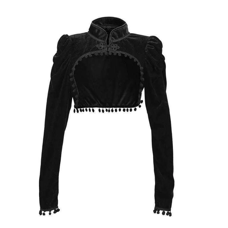 Nieuwe ontwerper Black Velvet Short Steampunk Crop Jacket Stand lange mouw herfst vrouwen Gothic Bolero Victoriaanse jas Vintage Corset Accessor