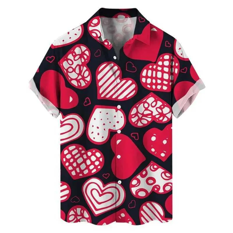 Camicie casual maschile New Summer Love Heart Heart 3D Shirt hawaiano stampato da uomo a maniche corte a maniche corte in spiaggia per le vacanze in spiaggia al risveglio Aloha Shirt Clothing 240424