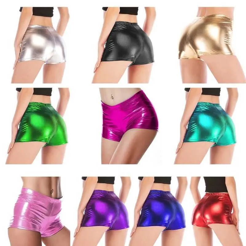 Kvinnors shorts kvinnor glittrande metall pu läder stövlar shorts elastiska midja fast färg heta byxor y240425