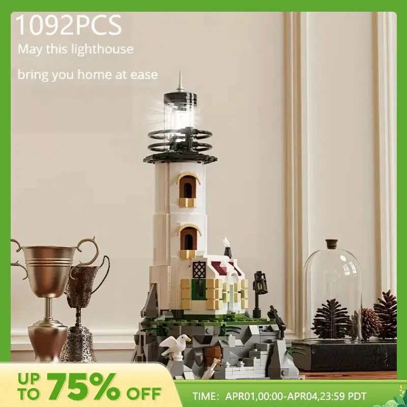 Blokken 1092 % Sea Island Electric Lighthouse Bouwstenen Bouwstenen Fisherman's Hut Light House Assembly Model Idee Decoratie Kinderen geschenken