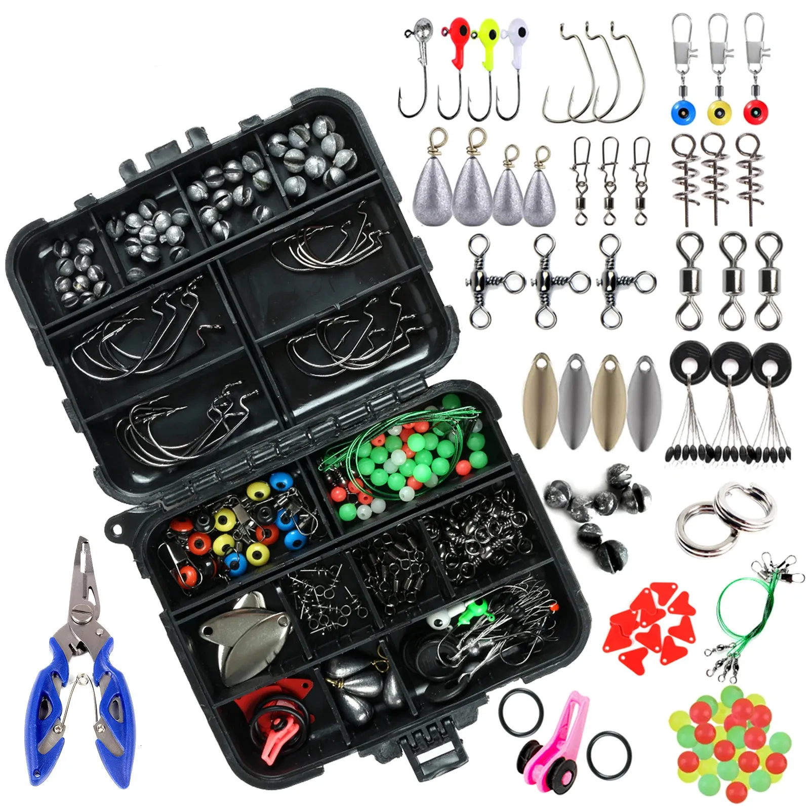 188pcs Fischereizubehör Kit mit Tackle Box Ziers Jig Haken Wirbel Snaps Sinker Slider Perlen 240415