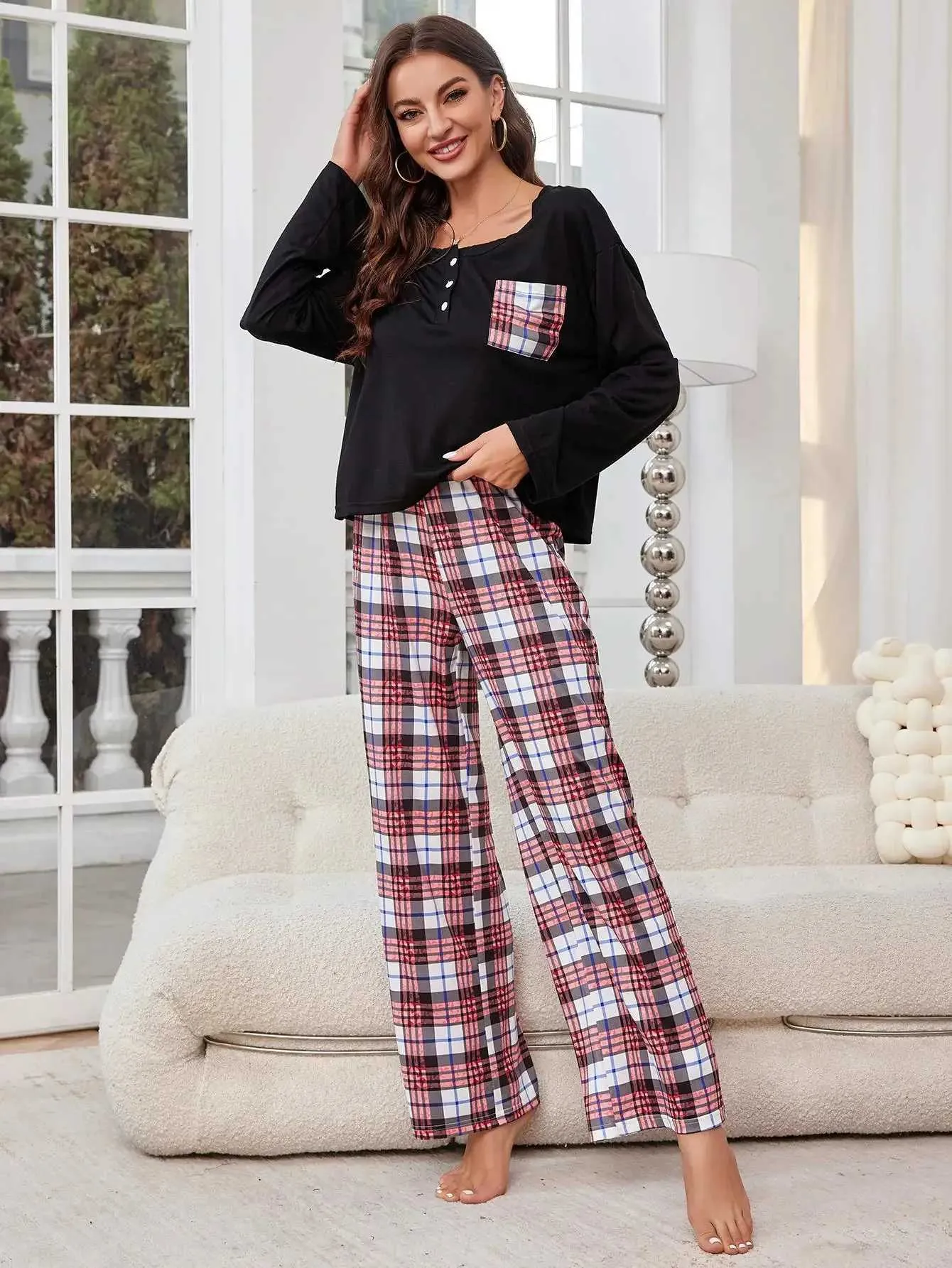 Women's Sleepwear Front Button Women Pajama Sets Long Slves Screw Neck Top Full-Length Plaid Pants Female 2 Pieces Slpwear For Spring Fall Y240426