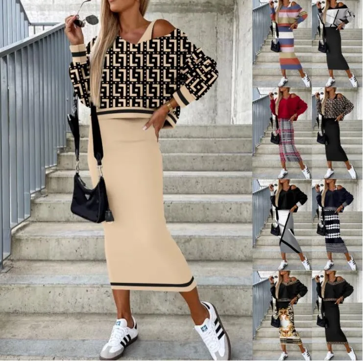 디자이너 2 피스 드레스 여성 기하학적 패턴 캐주얼 짧은 슬리브 티셔츠 및 주름 스커트 세트